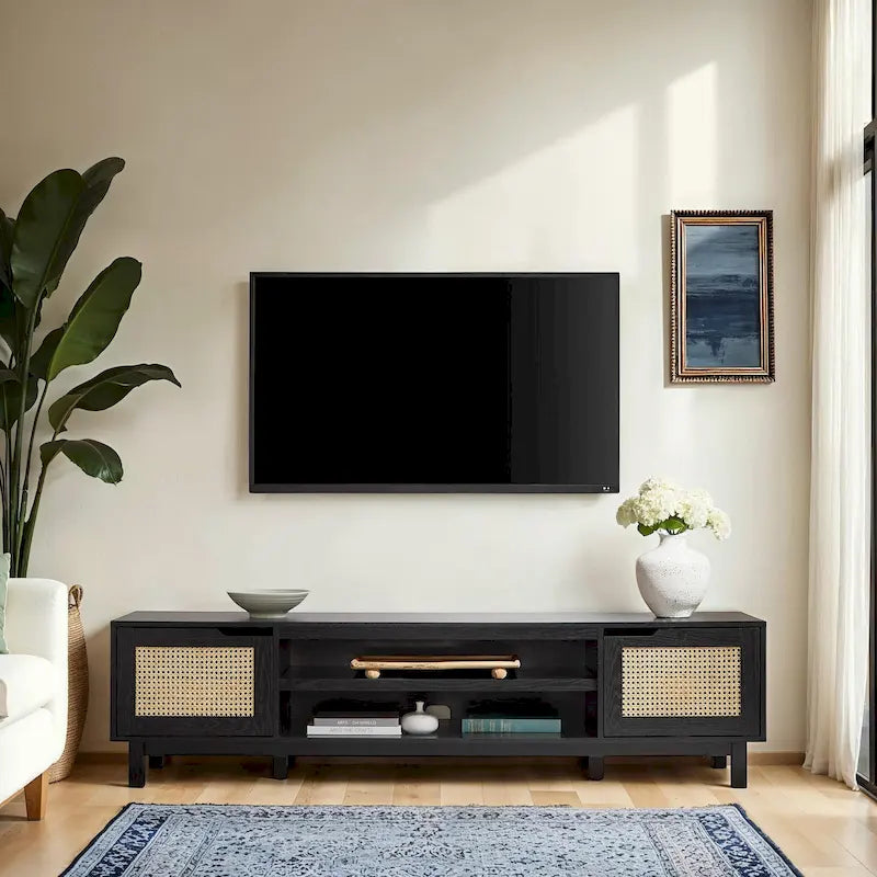 Meuble TV avec portes en faux rotin
