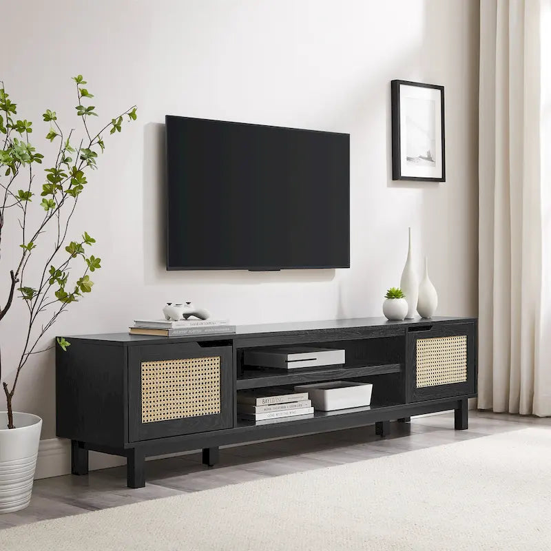 Meuble TV avec portes en faux rotin