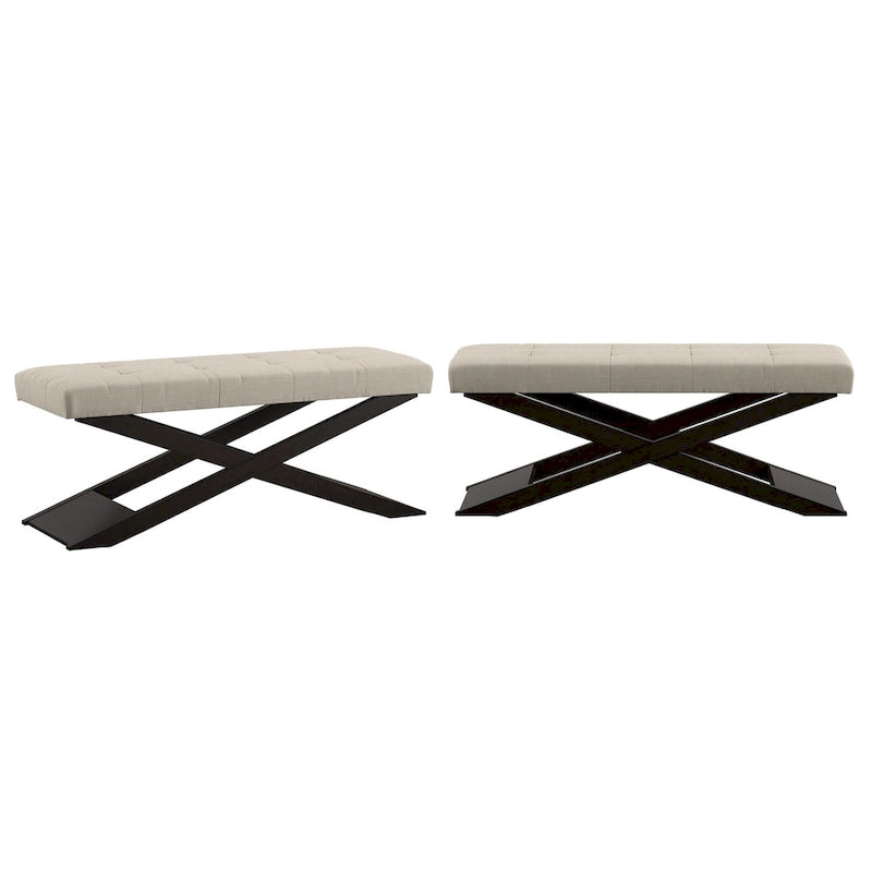 Banc Beige en Lin avec Piétement en X en Bois
