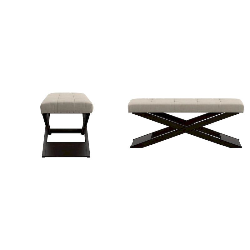 Banc Beige en Lin avec Piétement en X en Bois