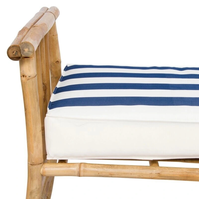 Banquette en bambou, canapé-lit, pouf avec coussins à rayures bleues et blanches