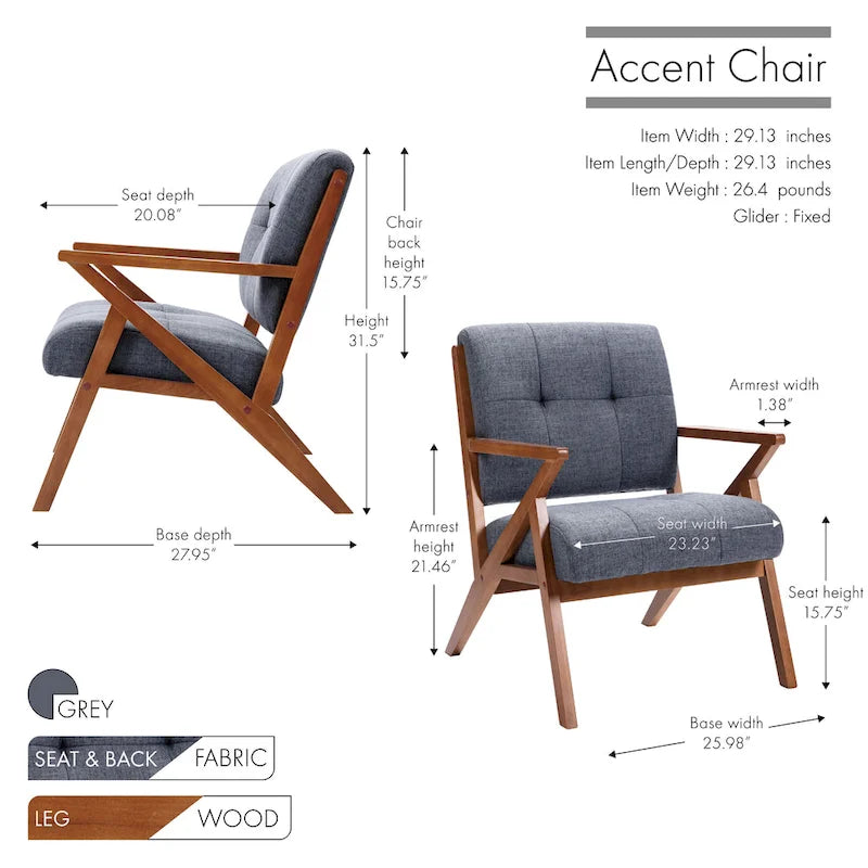 Fauteuil d'appoint capitonné (avec pieds et accoudoirs en bois)