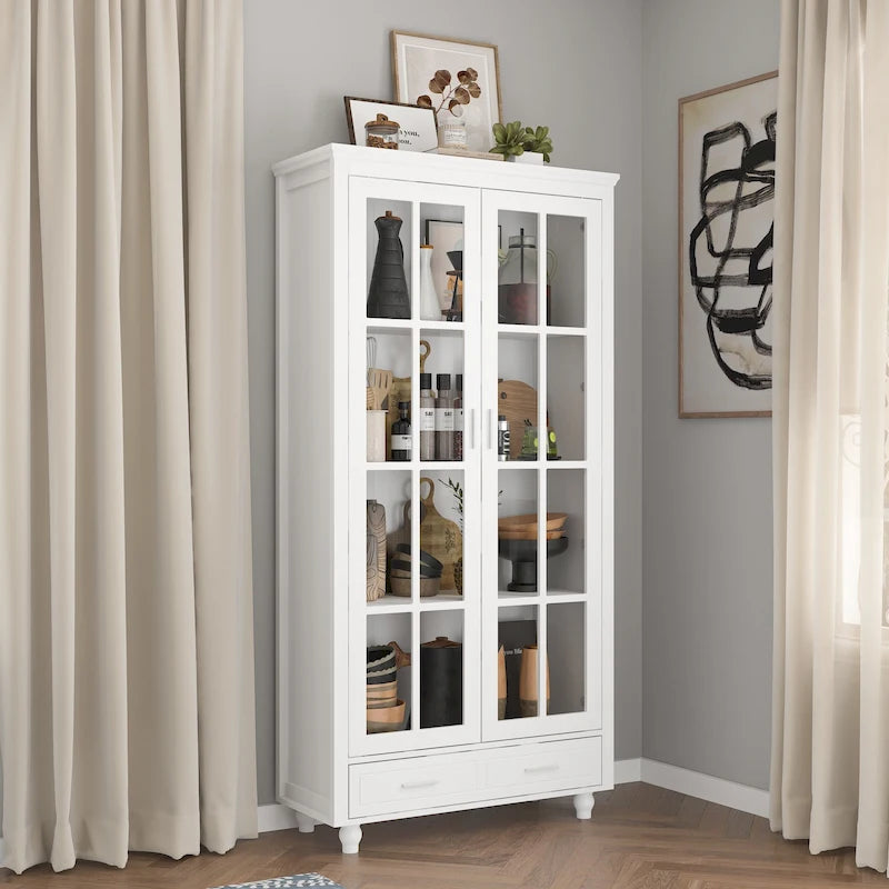 Bibliothèque Blanche avec Portes en Verre Vitrine Étagère de Rangement - 70.9H x 36.2W