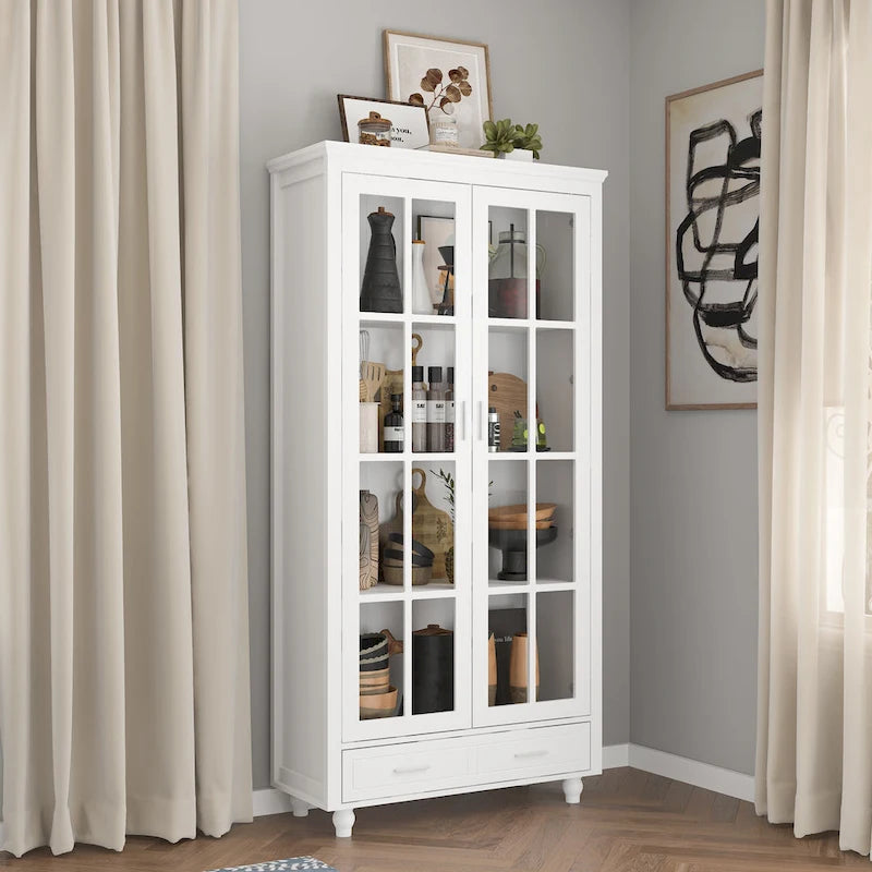 Bibliothèque Blanche avec Portes en Verre Vitrine Étagère de Rangement - 70.9H x 36.2W