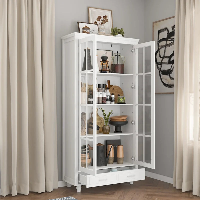 Bibliothèque Blanche avec Portes en Verre Vitrine Étagère de Rangement - 70.9H x 36.2W