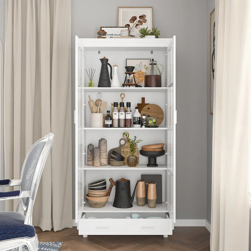 Bibliothèque Blanche avec Portes en Verre Vitrine Étagère de Rangement - 70.9H x 36.2W