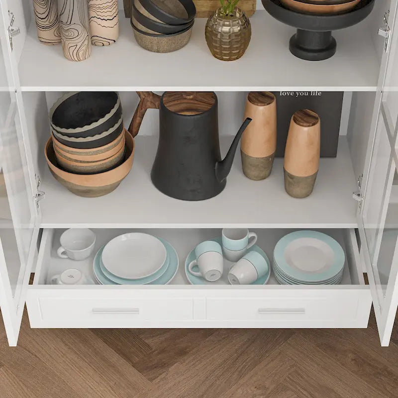 Bibliothèque Blanche avec Portes en Verre Vitrine Étagère de Rangement - 70.9H x 36.2W
