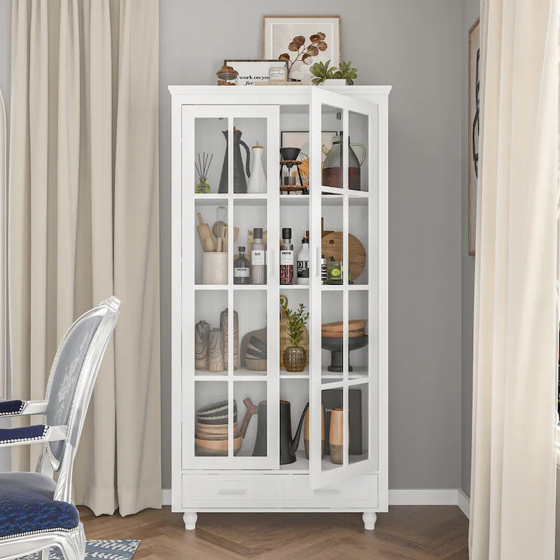 Bibliothèque Blanche avec Portes en Verre Vitrine Étagère de Rangement - 70.9H x 36.2W