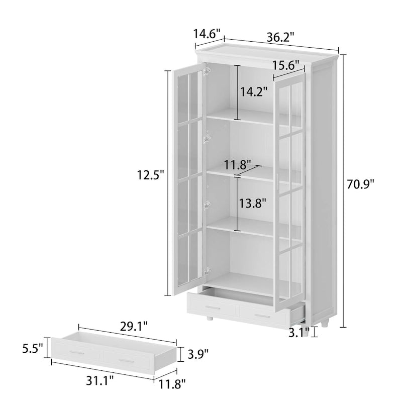 Bibliothèque Blanche avec Portes en Verre Vitrine Étagère de Rangement - 70.9H x 36.2W