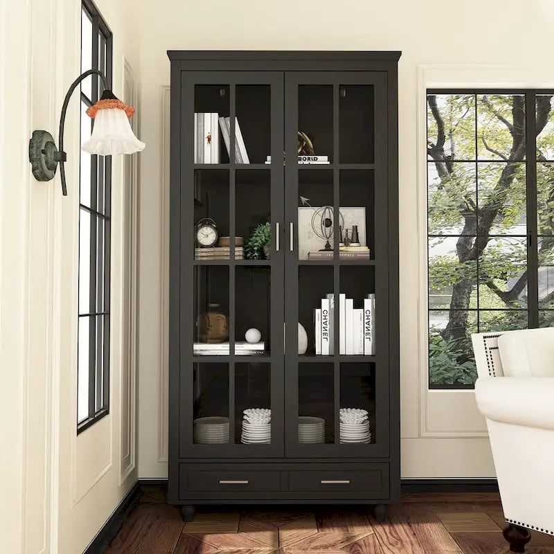 Bibliothèque Blanche avec Portes en Verre Vitrine Étagère de Rangement - 70.9H x 36.2W