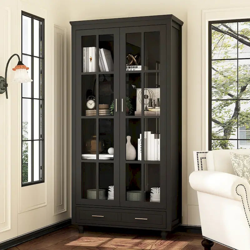 Bibliothèque Blanche avec Portes en Verre Vitrine Étagère de Rangement - 70.9H x 36.2W