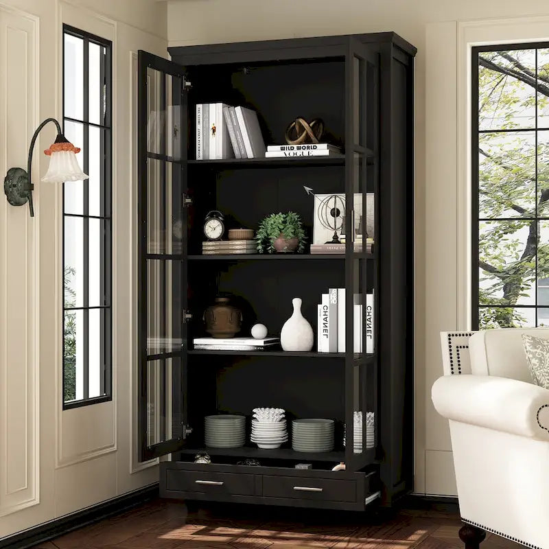 Bibliothèque Blanche avec Portes en Verre Vitrine Étagère de Rangement - 70.9H x 36.2W