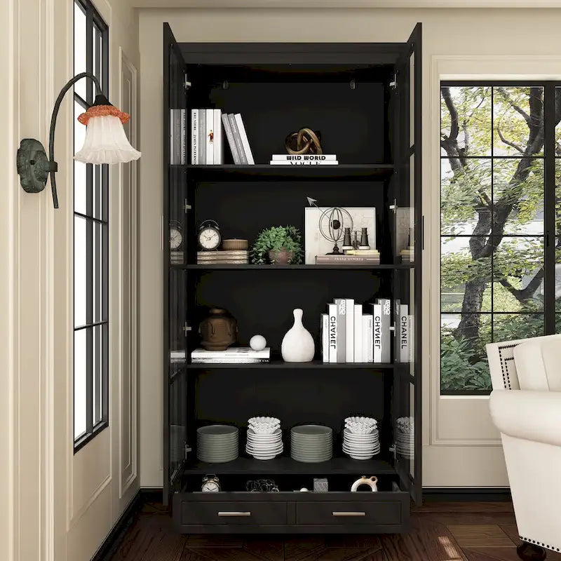 Bibliothèque Blanche avec Portes en Verre Vitrine Étagère de Rangement - 70.9H x 36.2W