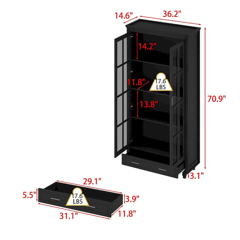 Bibliothèque Blanche avec Portes en Verre Vitrine Étagère de Rangement - 70.9H x 36.2W