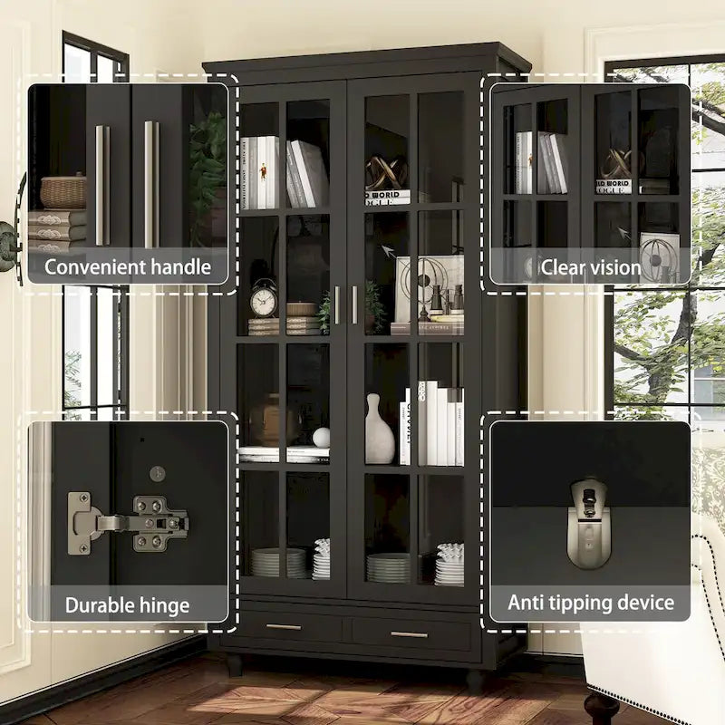 Bibliothèque Blanche avec Portes en Verre Vitrine Étagère de Rangement - 70.9H x 36.2W