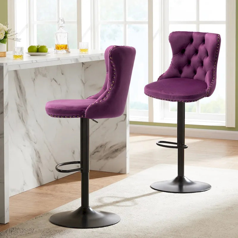 Ensemble de 2 tabourets de bar pivotants et réglables en velours, hauteur comptoir