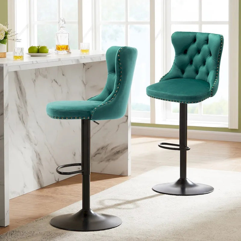 Ensemble de 2 tabourets de bar pivotants et réglables en velours, hauteur comptoir