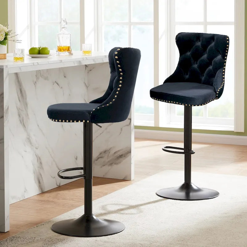Ensemble de 2 tabourets de bar pivotants et réglables en velours, hauteur comptoir