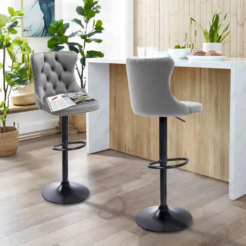 Ensemble de 2 tabourets de bar pivotants et réglables en velours, hauteur comptoir