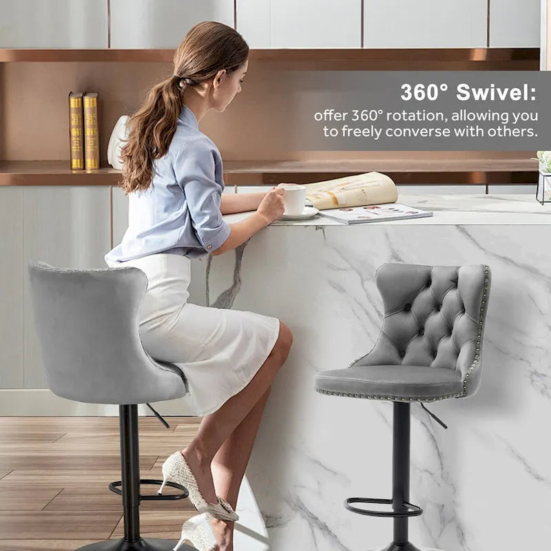 Ensemble de 2 tabourets de bar pivotants et réglables en velours, hauteur comptoir