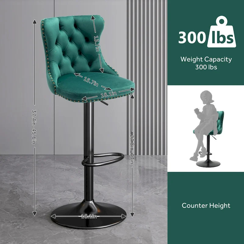 Ensemble de 2 tabourets de bar pivotants et réglables en velours, hauteur comptoir