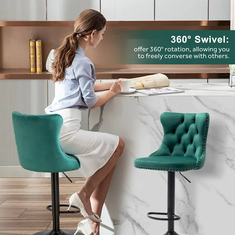Ensemble de 2 tabourets de bar pivotants et réglables en velours, hauteur comptoir