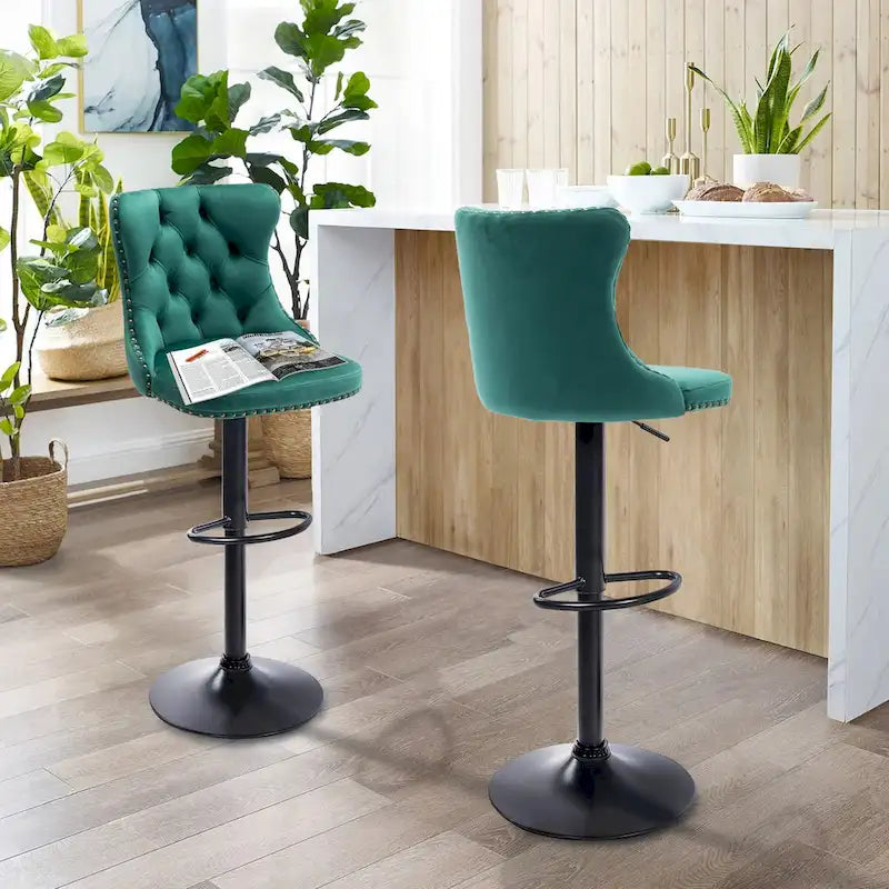 Ensemble de 2 tabourets de bar pivotants et réglables en velours, hauteur comptoir