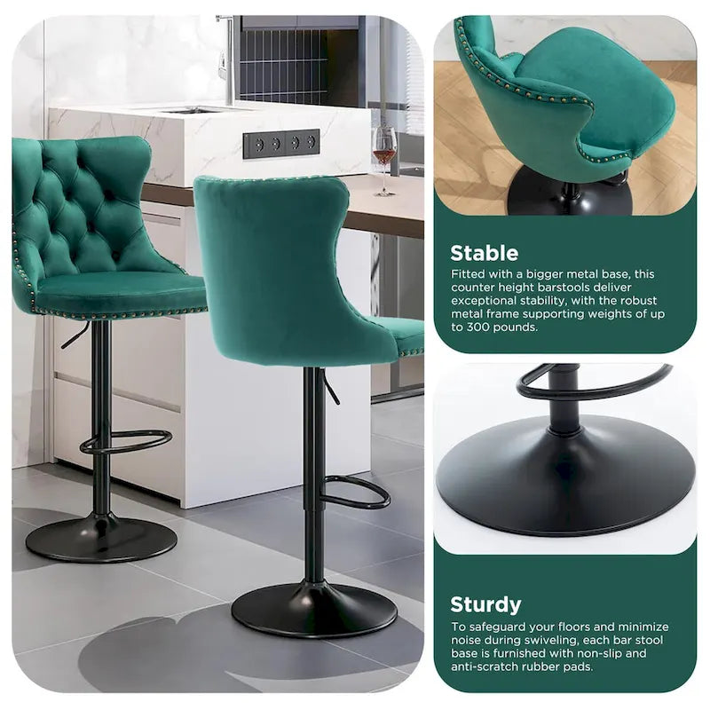 Ensemble de 2 tabourets de bar pivotants et réglables en velours, hauteur comptoir