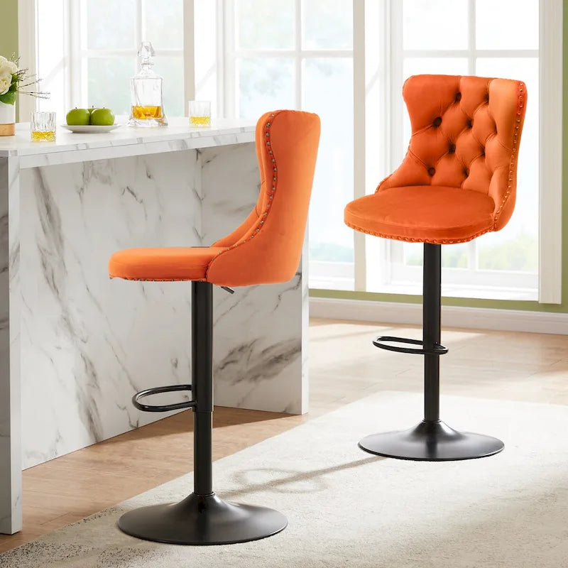 Ensemble de 2 tabourets de bar pivotants et réglables en velours, hauteur comptoir