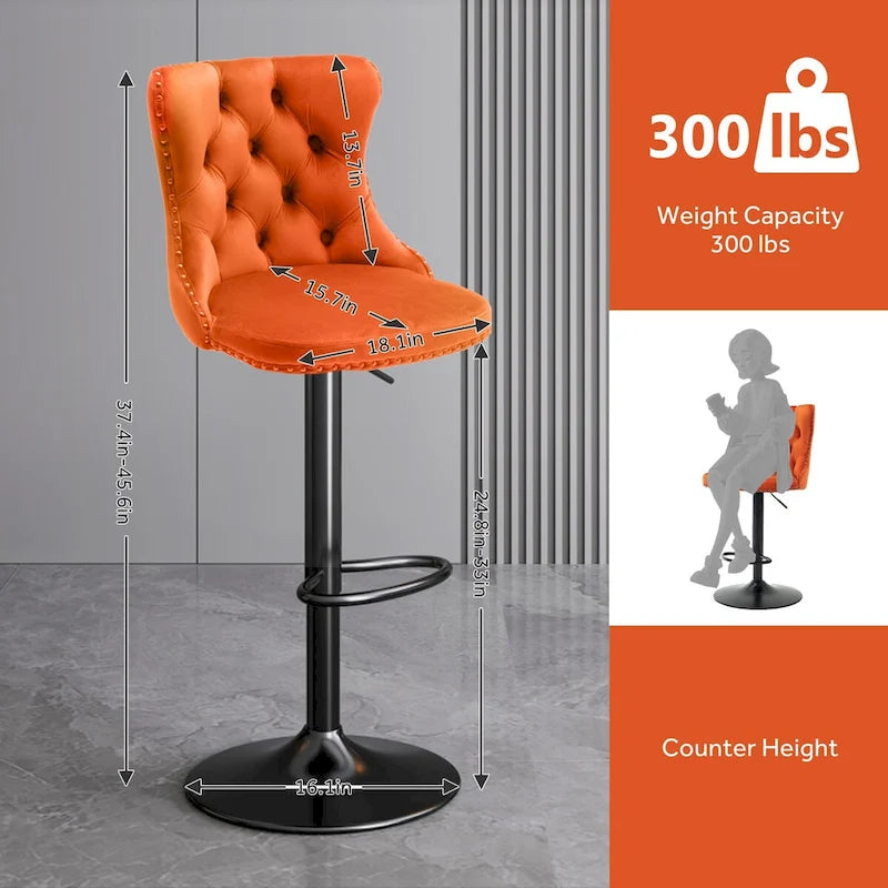Ensemble de 2 tabourets de bar pivotants et réglables en velours, hauteur comptoir