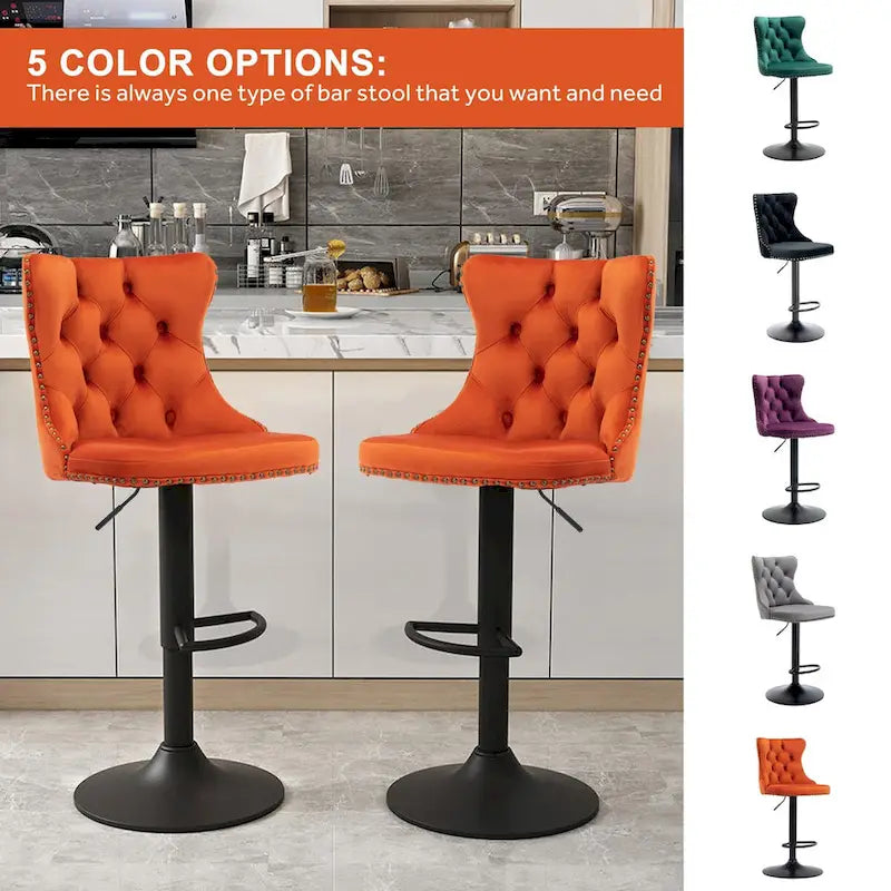 Ensemble de 2 tabourets de bar pivotants et réglables en velours, hauteur comptoir