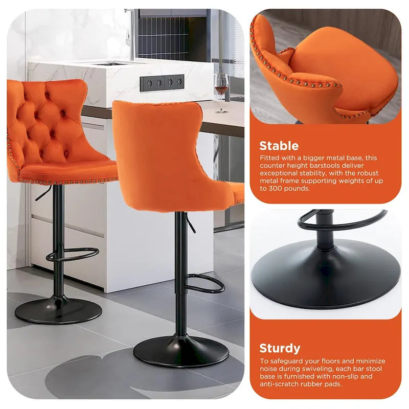 Ensemble de 2 tabourets de bar pivotants et réglables en velours, hauteur comptoir