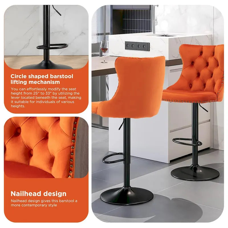 Ensemble de 2 tabourets de bar pivotants et réglables en velours, hauteur comptoir