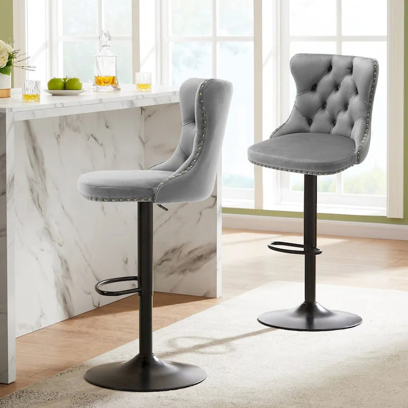 Ensemble de 2 tabourets de bar pivotants et réglables en velours, hauteur comptoir