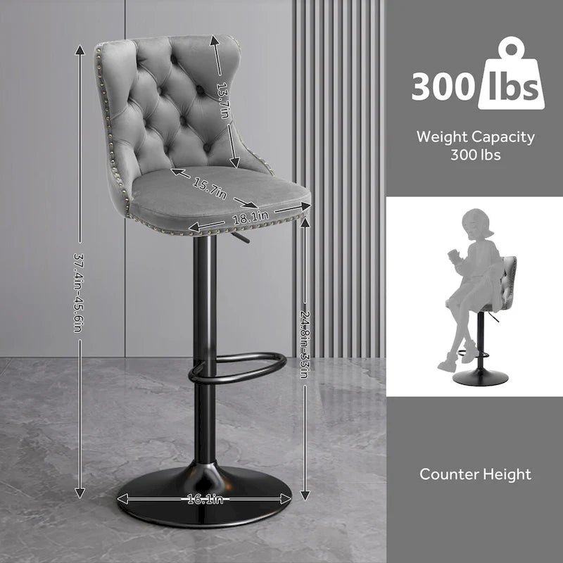 Ensemble de 2 tabourets de bar pivotants et réglables en velours, hauteur comptoir