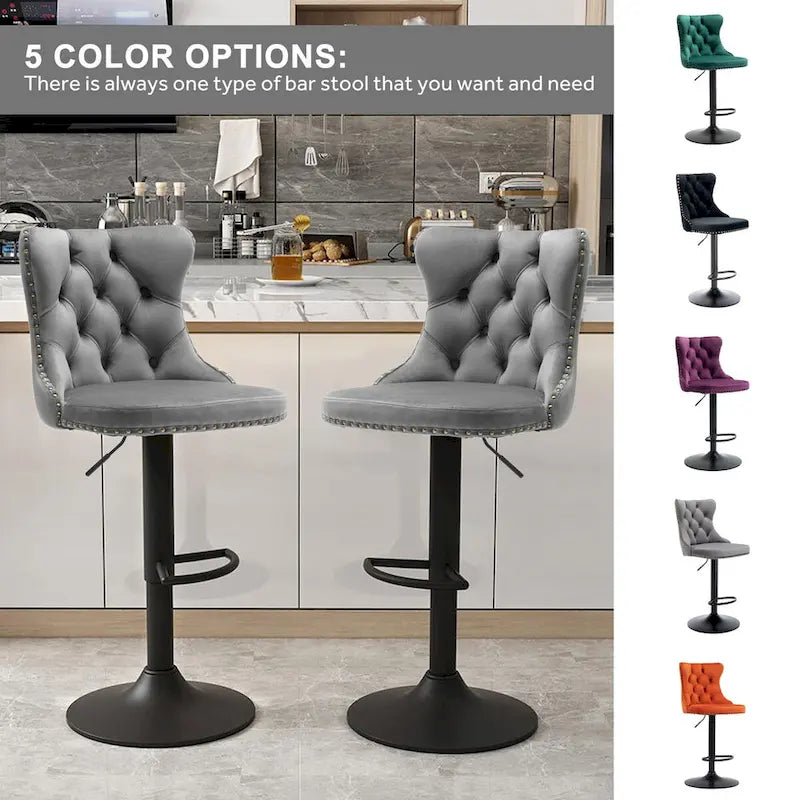 Ensemble de 2 tabourets de bar pivotants et réglables en velours, hauteur comptoir