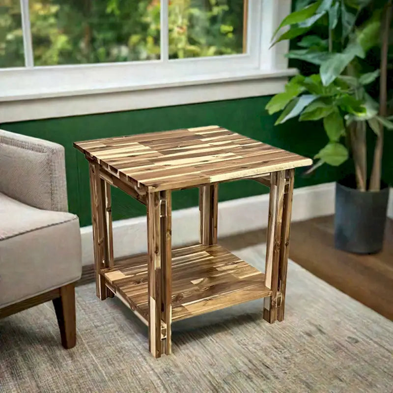 Table d'appoint architecturale en bois d'acacia avec étagère