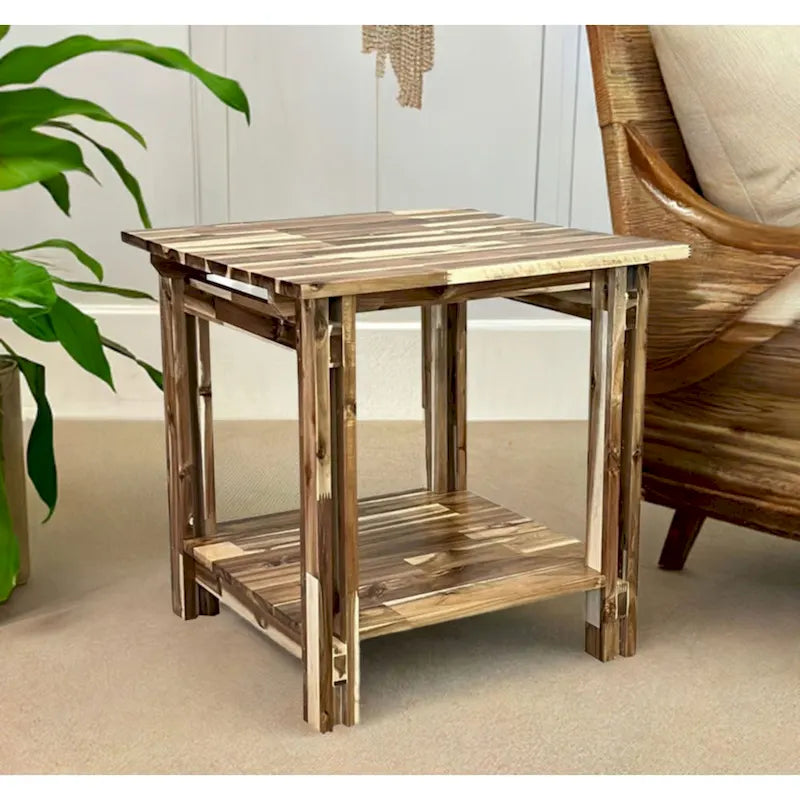Table d'appoint architecturale en bois d'acacia avec étagère