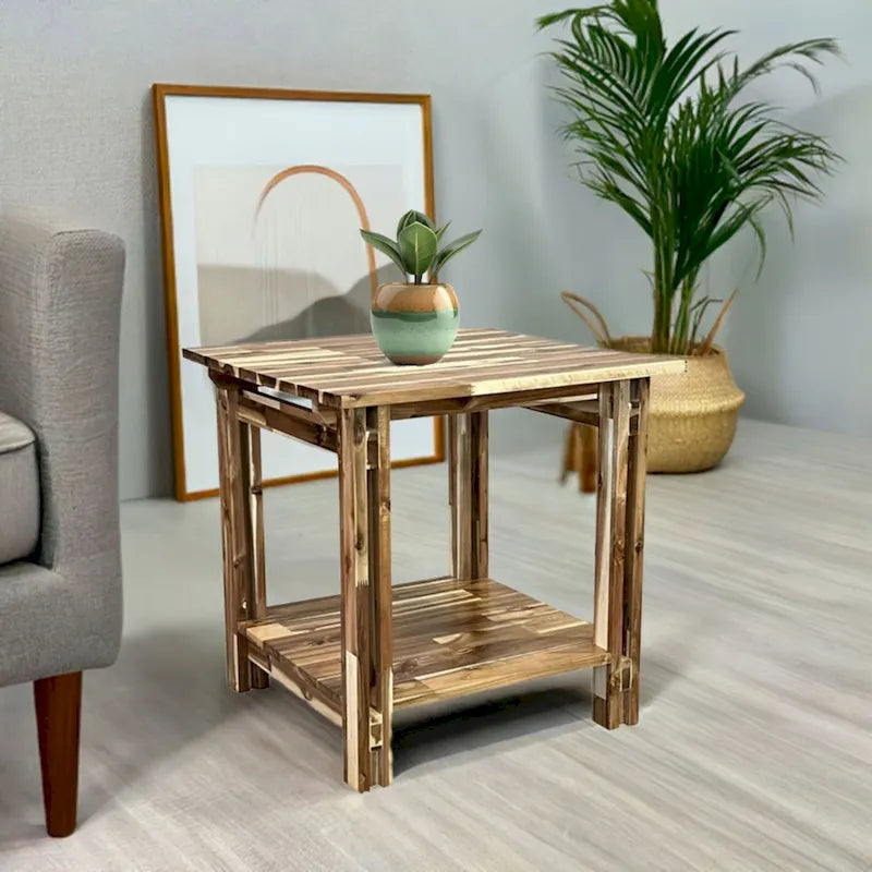 Table d'appoint architecturale en bois d'acacia avec étagère