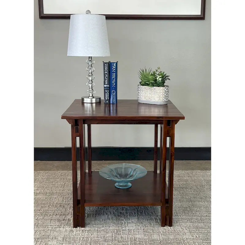Table d'appoint architecturale en bois d'acacia avec étagère