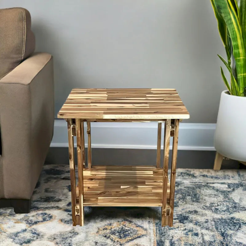 Table d'appoint architecturale en bois d'acacia avec étagère