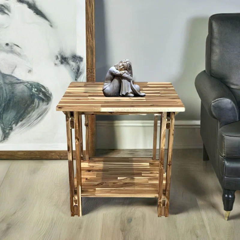 Table d'appoint architecturale en bois d'acacia avec étagère