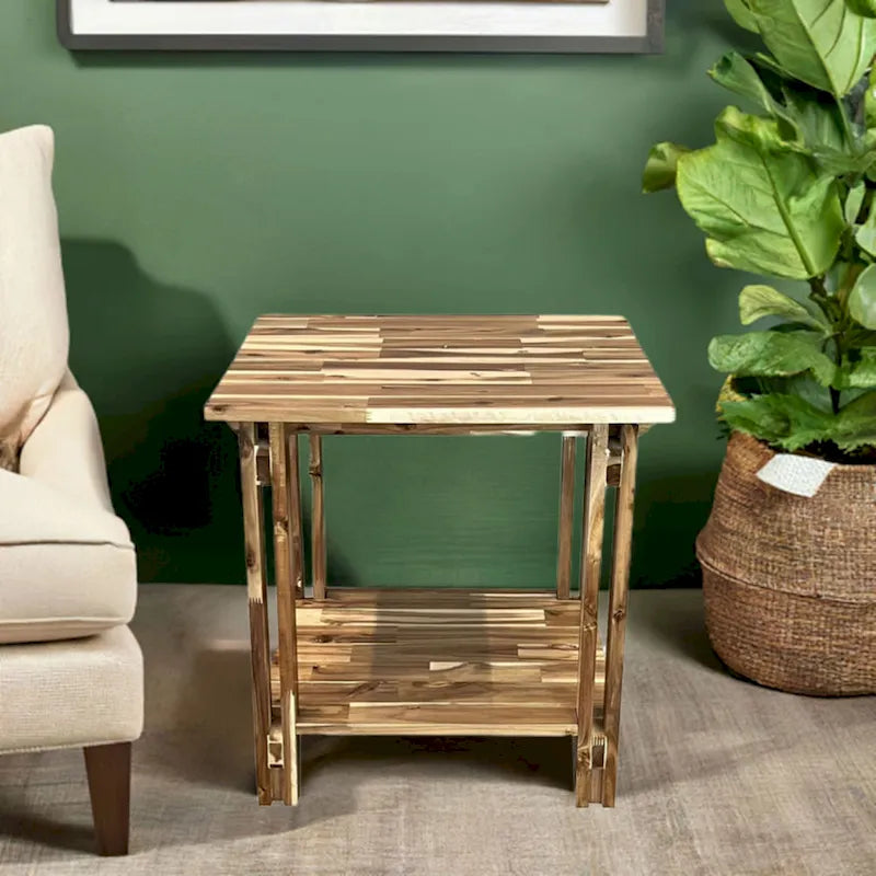 Table d'appoint architecturale en bois d'acacia avec étagère