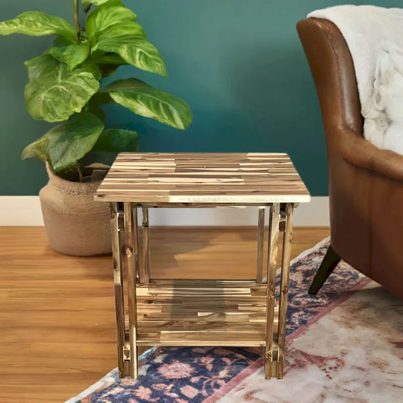 Table d'appoint architecturale en bois d'acacia avec étagère