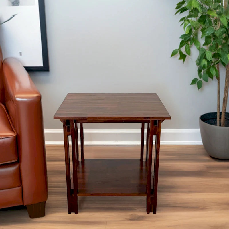 Table d'appoint architecturale en bois d'acacia avec étagère