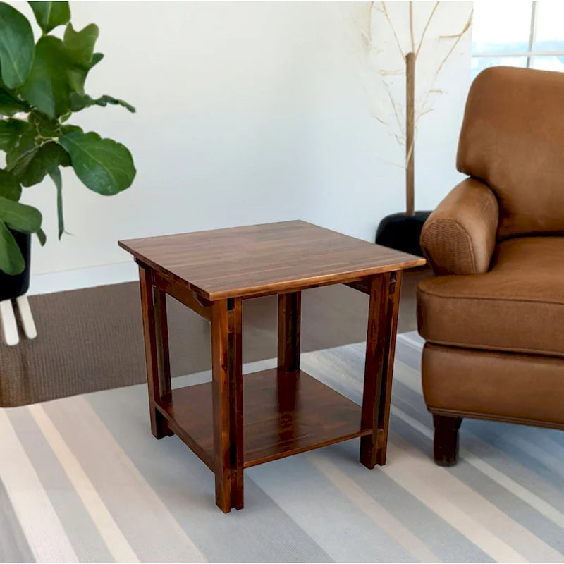 Table d'appoint architecturale en bois d'acacia avec étagère