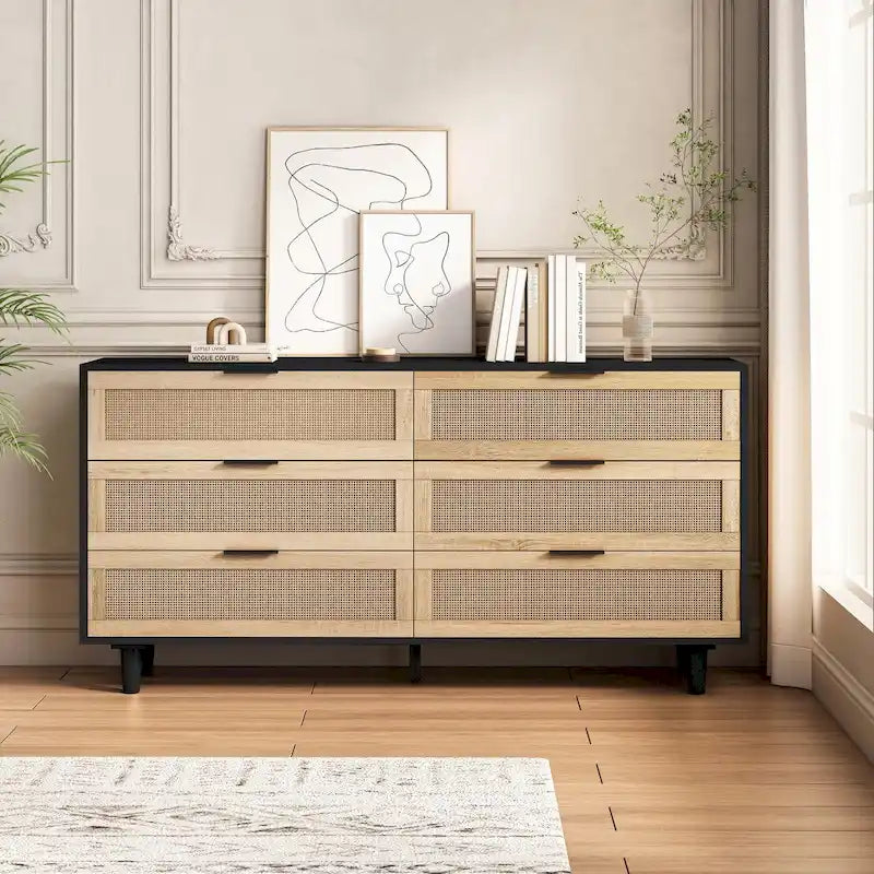 Meuble de rangement d'appoint avec 6 tiroirs en rotin