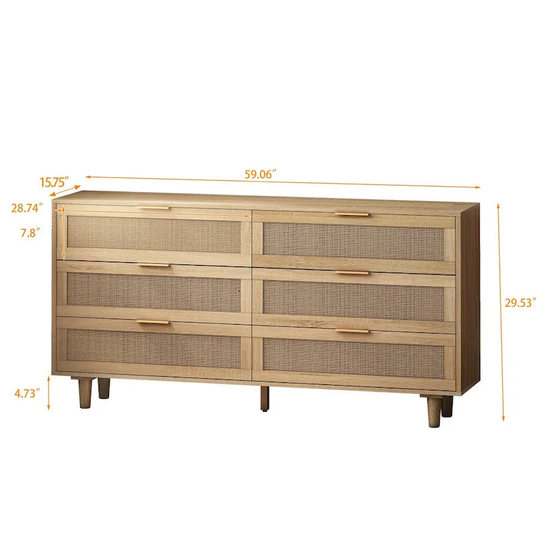 Meuble de rangement d'appoint avec 6 tiroirs en rotin