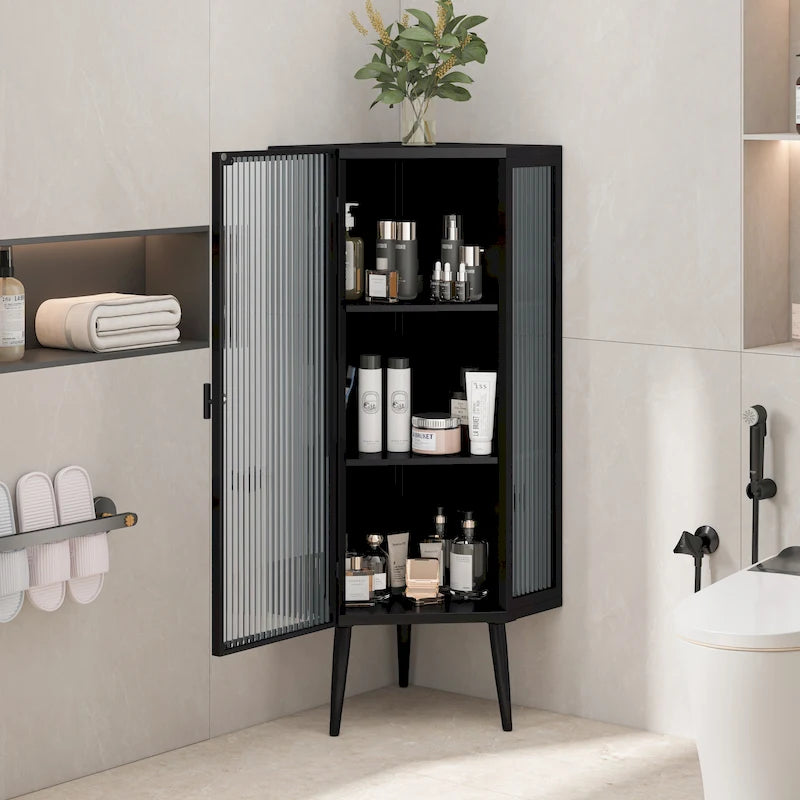 Meuble d'angle à 3 niveaux avec porte vitrée