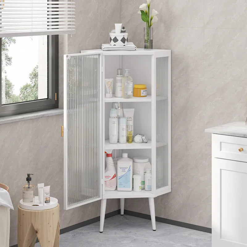 Meuble d'angle à 3 niveaux avec porte vitrée